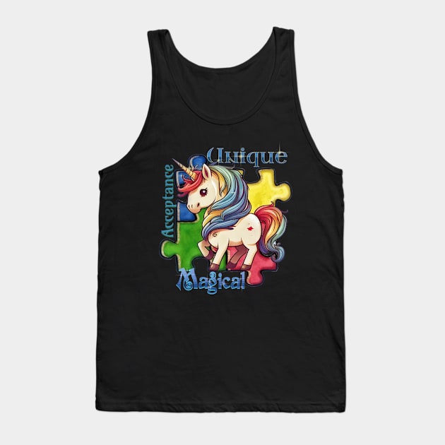 Autism Awareness Kawaii Unicorn and Puzzle Pieces Tank Top by mythikcreationz